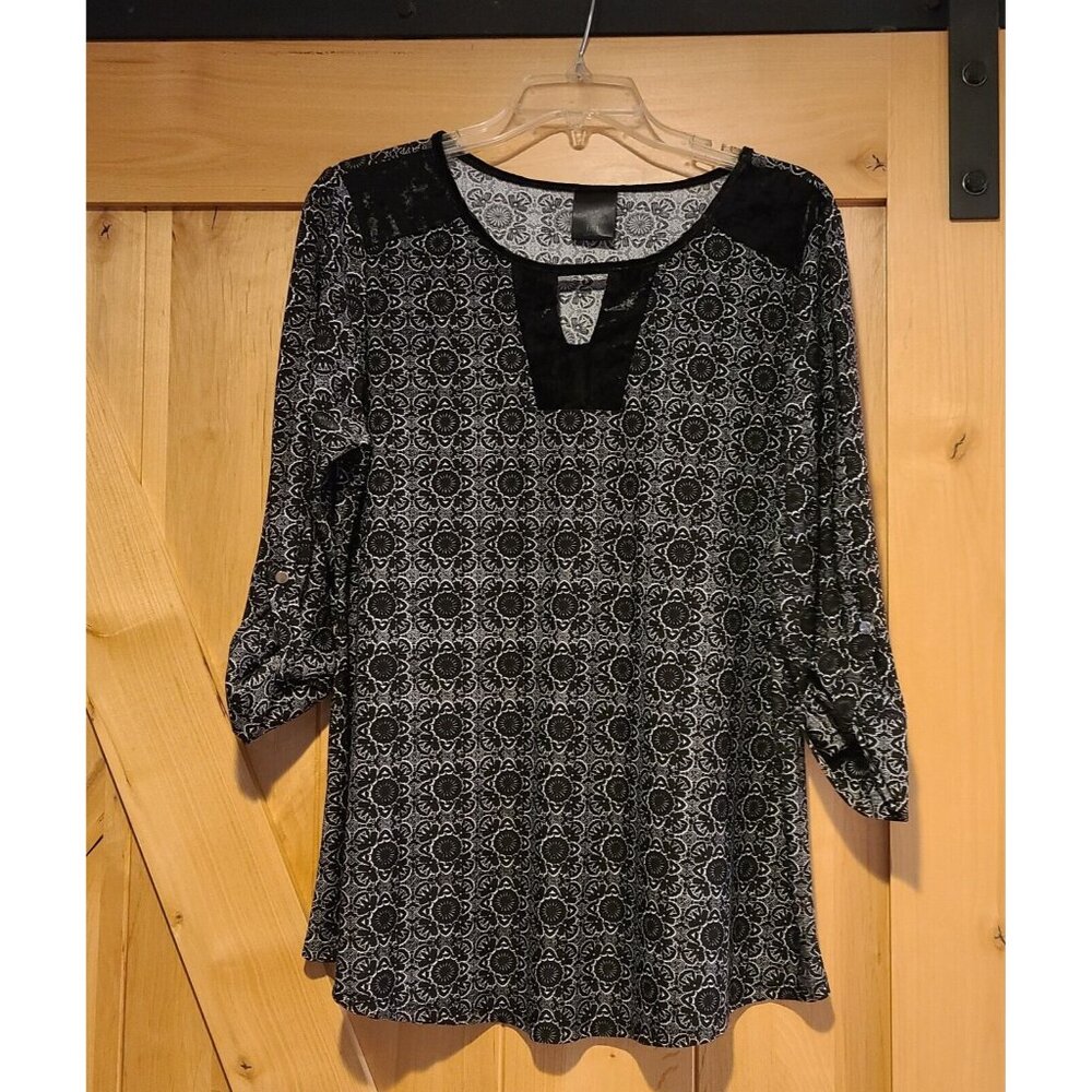 J.I.B Women 1X Blouse Geometric Floral Black Velvet Trim Whimsigoth Dark Fairy